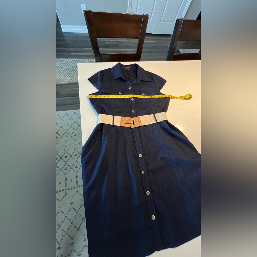 Tahari Navy Midi Dress with Tan Belt size 14 - Picture 6 of 11